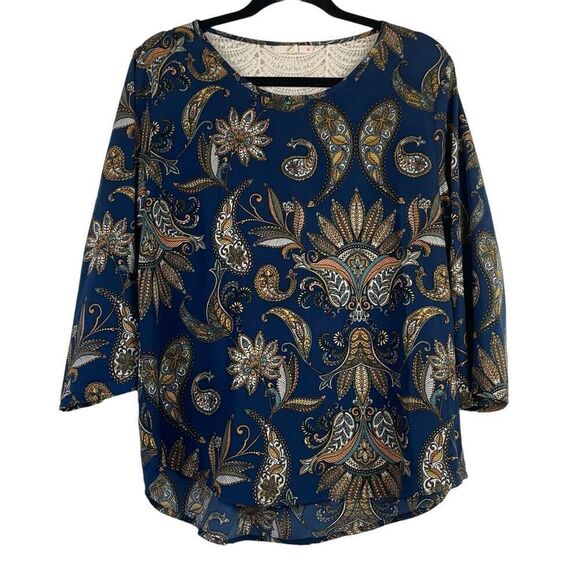 Le Lis Women's Blue Paisley Crochet Long Sleeve Blouse Top Medium - Picture 1 of 9